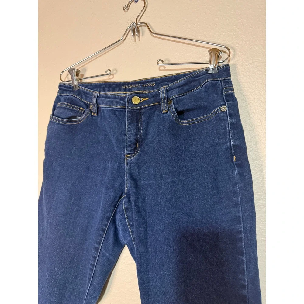 Michael Kors Womens Dark Wash Cropped Capri Jeans Blue Gold Logo Size 10